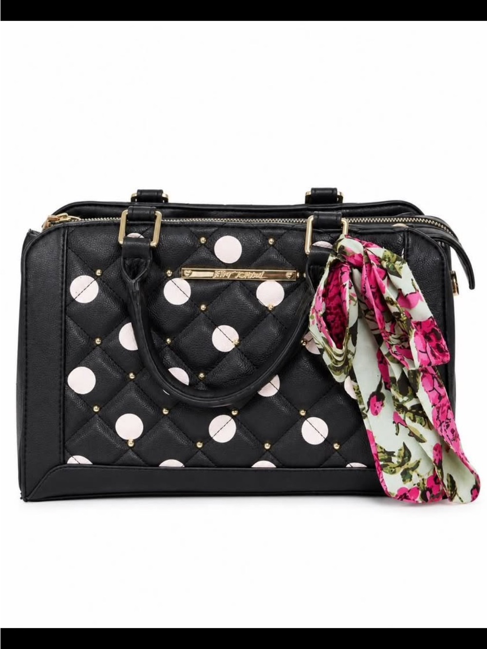 Beatsy Johnson Black Quilted Polka Dot Tote with Pink Floral Scarf